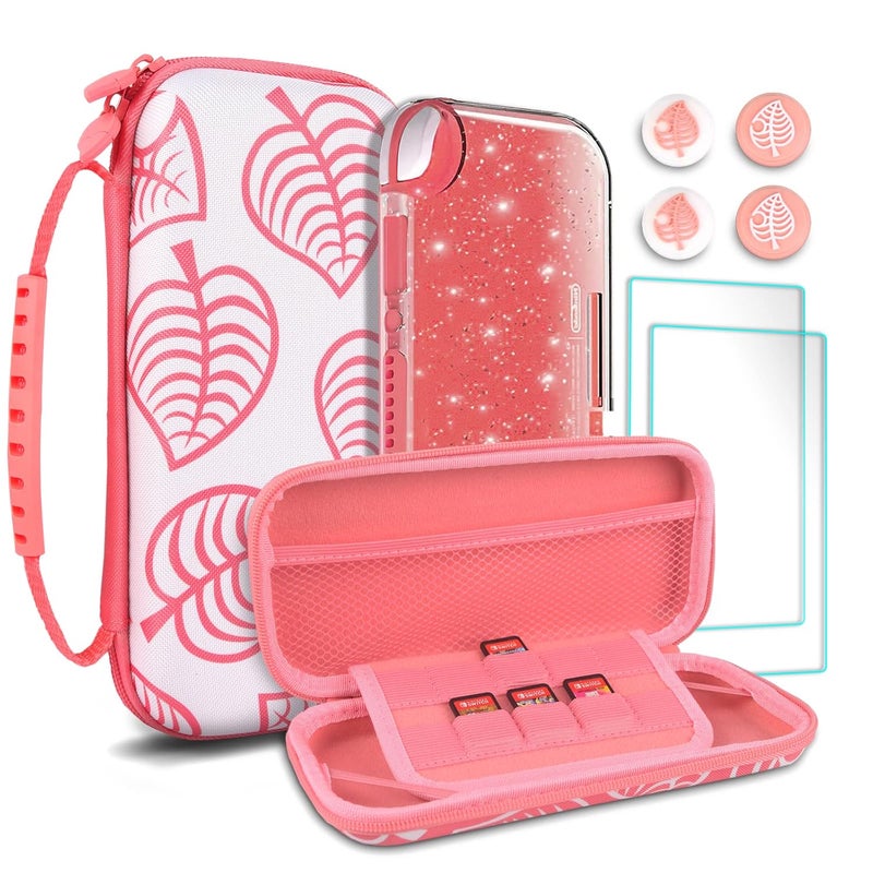 TIKOdirect Carrying Case for Nintendo Switch lite, Shockproof Portable Travel Bag with Glitter Galaxy cover, Screen Protectors and Cute Leaf Thumb Grips Caps, Animal Crossing Pink - Image 1